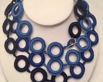 Blue crochet necklace Handmade. Crochet jewelry. Fiber jewelry