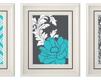 Set of Three Modern Turquoise/Gray Wall Art - Print Set - Home Decor (Unframed)