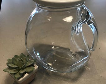 Beautiful Italian Glass Pitcher with White Lid, has an Art Deco Feel