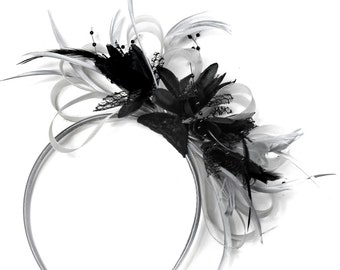 Grey Silver & Black Fascinator on Headband AliceBand UK Wedding Ascot Races Loop