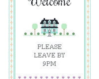 Please leave by 9pm cross stitch, Please Leave by 9pm, Modern Cross Stitch, Housewarming Cross Stitch, Subversive Cross Stitch, PDF