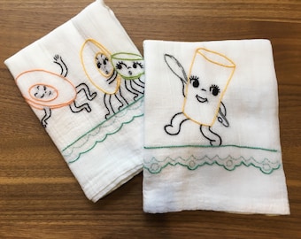 Dancing Dishes Hand Embroidered Dish Towels