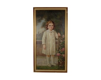 1935 Oil Painting Little girl in White Dress by Rose Trellis Caracciolo