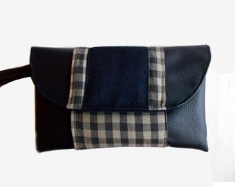 Pouch with cotton blue and beige Plaid, Navy blue leather strap
