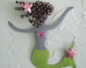 Metal Wall Art Mermaid Sculpture Recycled Metal Beach House Coastal Bathroom Wall Decor Indoor Outdoor Lime Green Brunette 7 x 8