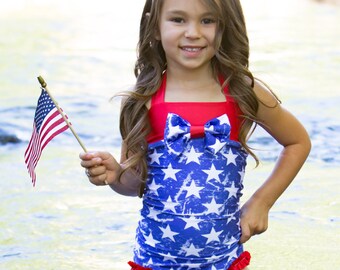 4th of July Swimsuit - One Piece Swimsuit - Girls Bathing Suit - Dance Costume - Patriotic Outfit - Toddler Swimuit - Red Swimsuit - Swim