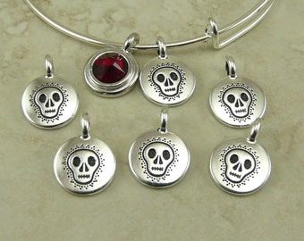 5 TierraCast Skull Charms > Sugar Skully Day of Dead Dia de los Muertos Goth - Silver Plated Lead Free pewter I ship Internationally 2455
