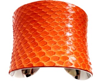 Tangerine Orange Snakeskin Silver Lined Cuff Bracelet - by UNEARTHED