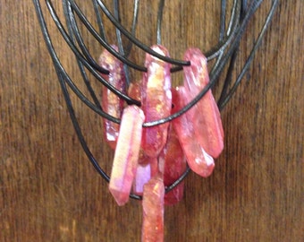 Rose Aura Quartz Point Leather Cord Necklace