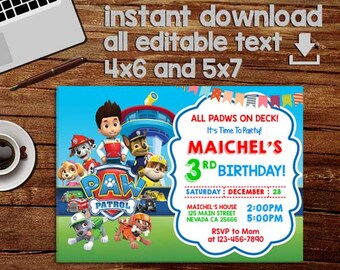 Paw Patrol Invitation, Paw Patrol Birthday Invitation, Paw Patrol Invitation Instant Download, Paw Patrol Invitation Boy, Editable Pdf