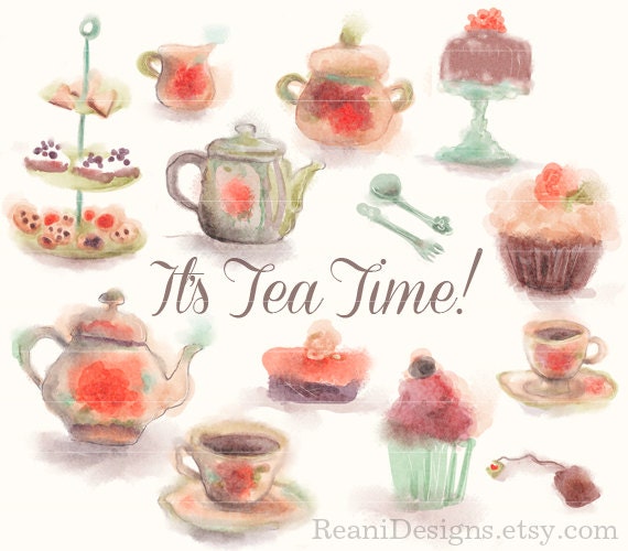 Download Tea Time and Cupcake Watercolor Clipart for personal and