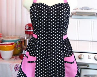 Retro Apron Plus Size Sweetheart Neckline Black and White Polka Dot with Pink BETTY