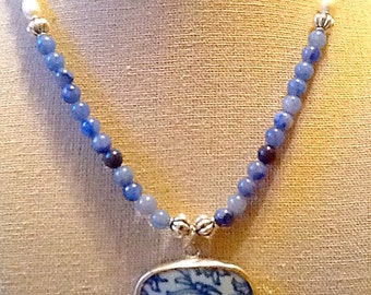 Blue and white Ming pottery shard pearl blue aventurine necklace Chinese pendant, oriental Asian jewelry zen