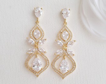 Gold Drop Earrings Bridal Earrings Teardrop Crystal Earrings Rose Gold Wedding Earrings Cubic Zirconia Earrings Wedding Jewelry, Meghan
