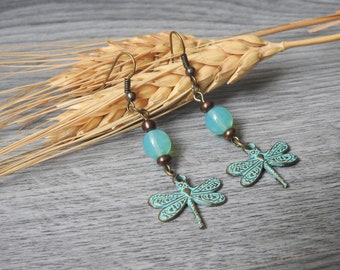 Dragonfly Charm Earrings - Patina Dragonfly Earrings - Patina Dangle Earrings - Verdigris Dragonfly Earrings - Dragonfly Earrings