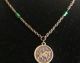 Bronze Zodiac Hand Beaded Birthstone Necklace Taurus Emerald