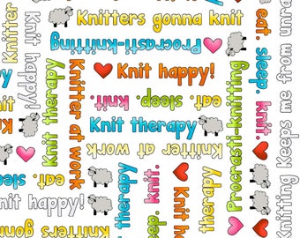White/Multi Knit Phrases # 1080-01 Henry Glass Knit Happy Free Shipping 1/2 yard