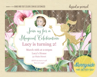 Fairy Birthday Party Invitation with photo // Garden Fairy Printable Printed Invites // Photo, Glitter, Rustic, magical, whimsical birthday