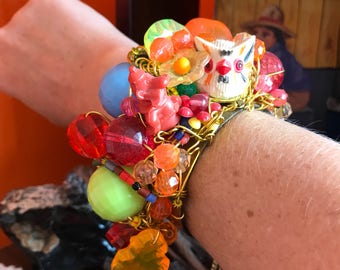 Colorful beaded cuff bracelet elf gnome owl flowers ARM CANDY pastel goth rave raver club kid unusual unique funky jewelry kitsch