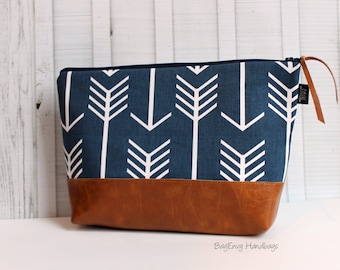 Navy Arrows with Vegan Leather - Large Make Up Bag / Diaper Clutch / Bridesmaid Gift