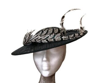 Black and white derby hat, black wedding hat, black Ascot hat, feathers hat black, white races hat, hat with feathers,Black womens derby hat