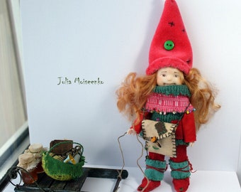 Miniature Dollhouse Gnome Girl Lucky OOAK Head + Obitsu body + OOAK Outfit 12th Scale