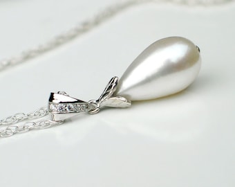 White Elongated Teardrop Pearl Pendant | Large Freshwater Pearl | CZ Pendant | Sterling Silver Chain | Jasmine Pearl Necklace Ready to Ship