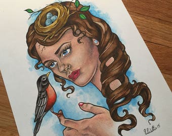 Original Robin Lady Painting