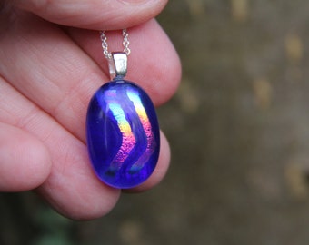 Small blue and rainbow dichroic glass pendant, dichroic glass necklace, blue fused glass, blue fused glass pendant, fused glass necklace