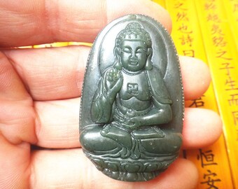 Natural greenHetian jade stone engrave jade "Amitabha" patron saint pendant