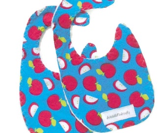 2 baby drool bibs, blue and red bibs, two flannel bibs, newborn baby gift, white chenille lined, newborn baby bibs, red apple bibs