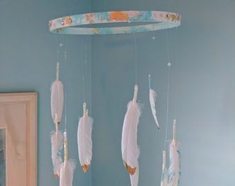 Feather baby mobile, baby shower, nursery, ceiling mobile, tribal bohemian,gold dipped feathers, boho nursery