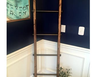6' Tall Rustic Industrial Pipe & Wood Farmhouse Style Blanket Ladder Towel Hanger. Industrial Furniture, Blanket Ladder, Ladder Towel Hanger