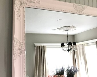 Pink Farmhouse Mirror, Bathroom Vanity Mirror, Ornate Mirror, Farmhouse Vanity