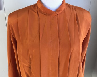 Vtg ANNE KLEIN Top Blouse Pleated Silky Sheen Padded Shoulders Rust Orange Sz 16