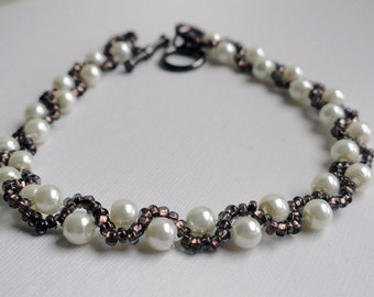 Woven bracelet - cream pearl bracelet - beaded bracelet - copper bead bracelet - wave bracelet - beadweave bracelet - brown bead bracelet