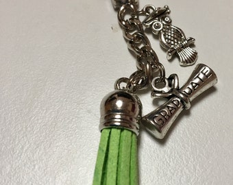 Graduation tassel key chain, keyring, owl, scroll