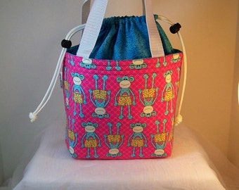 Monkeys Insulated Lunch Sack, Drawstring Lunch bag, Lunch cooler, Cosmetic bag, Make up Kit, Small purse