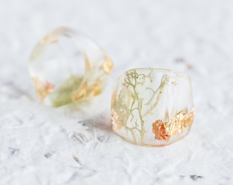 Druid Statement Resin Ring Nature Moss Cocktail Transparent Ring OOAK fairy Broceliande enchanted forest wizard merlin nature inspired