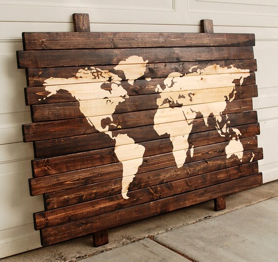 Wooden Plank World Map Hand Stained Wall Hanging 50 X