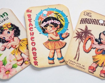 Hawaiian Tags - Retro Hula Girls - Variety Set 9 - Kitschy Hula Tags - 1950's Hula Tags - Hula Dancers - Tropical Gift Tags - Vacation Tags