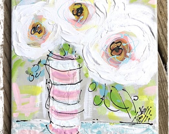White Peonies Abstract Painting Ready to Ship YelliKelli 8" x 10"