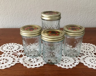 Vintage Ball Quilted Crystal Jelly Jars with Decorative Lids for Quilted Crystal Jelly Jars / Quilted Jam Jars / Lot of 4 Ball Jelly Jars