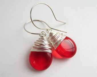 Red Earrings Ruby Czech Glass July Birthstone Jewelry Drop Earrings Red Jewelry Wire Wrapped Jewelry Handmade