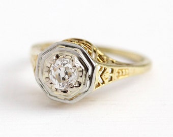 Sale - Vintage Diamond Ring - 14k Yellow White Gold .30 CT Old Mine Cut - 1920s Size 3 1/2 Filigree Bridal Engagement Fine Appraisal Jewelry