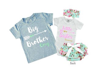 SET Personalized Big Brother/ Little Sister Shirt / Onesie Diaper Cover and Headband set. Matching Big Brother Little Sister Set.