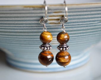 Tiger eye and sterling silver dangle earrings. tiger eye jewelry, gift for her, genuine gemstone earrings