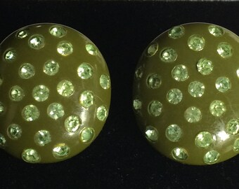 Vintage Weiss Earrings~Thermoplastic/Celluloid~Green/Pale Green Rhinestones~Signed