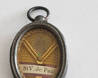 antique french St Vincent de Paul silver reliquary medal, reliquary locket