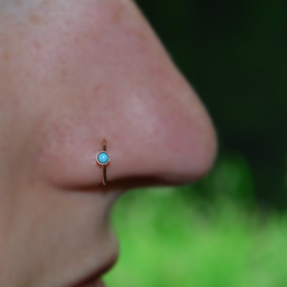 Gold Nose Ring Hoop - Nose Stud - 2mm Turquoise Tragus Earring Hoop - Cartilage Hoop Earring - Daith Earring - 20g Rook - Conch Piercing